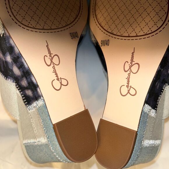 Jessica Simpson Blue Denim Patchwork Slip on Wedge Heel Sandals(Size 9W) - Picture 10 of 12